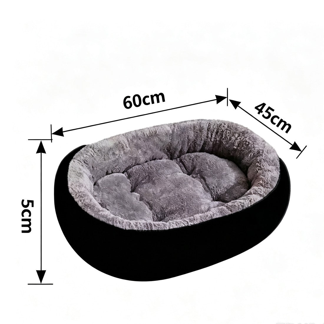 Round black dog bed size diagram labelled 60 x 45 cm and 5 cm