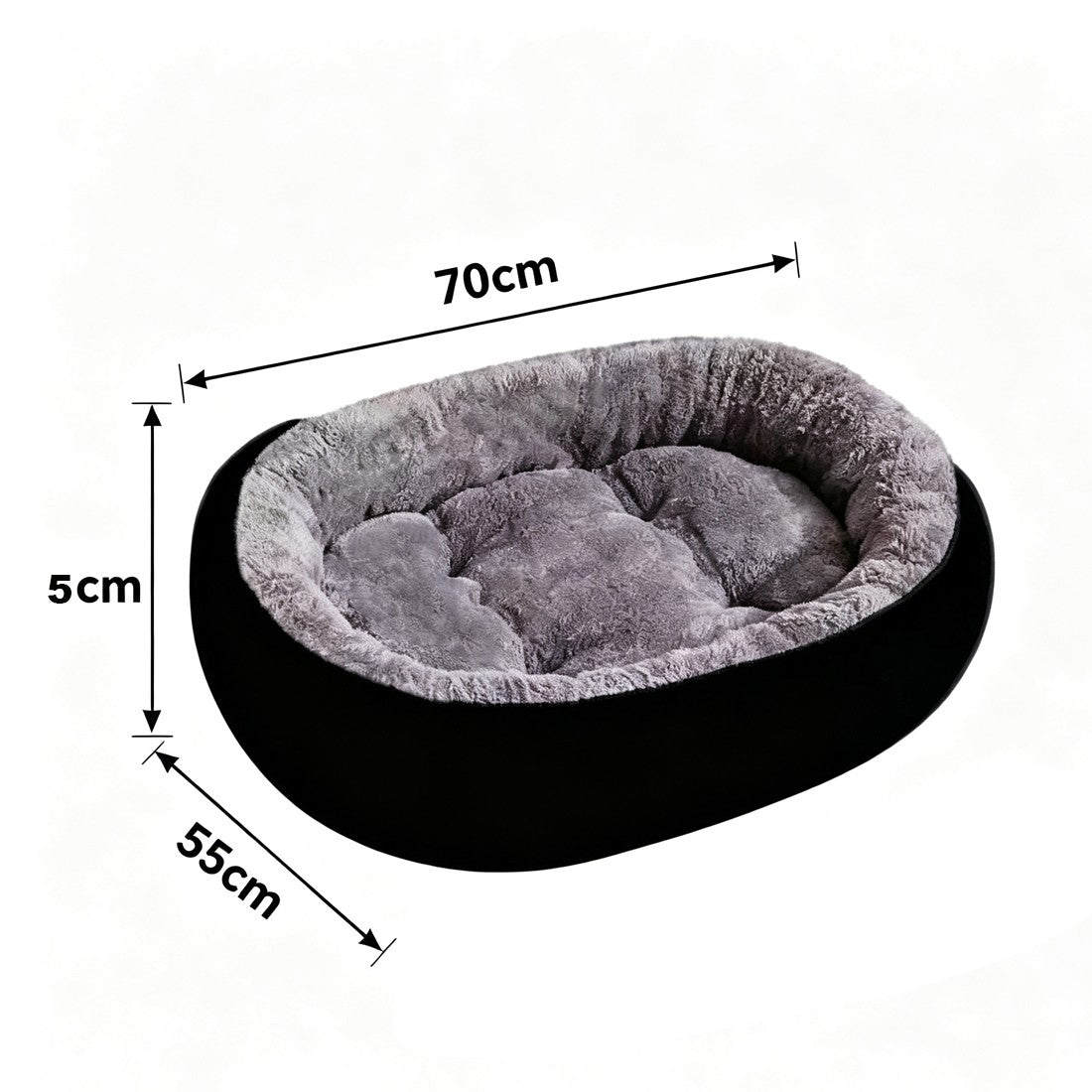 Round black dog bed size diagram labelled 70 x 55 cm and 5 cm