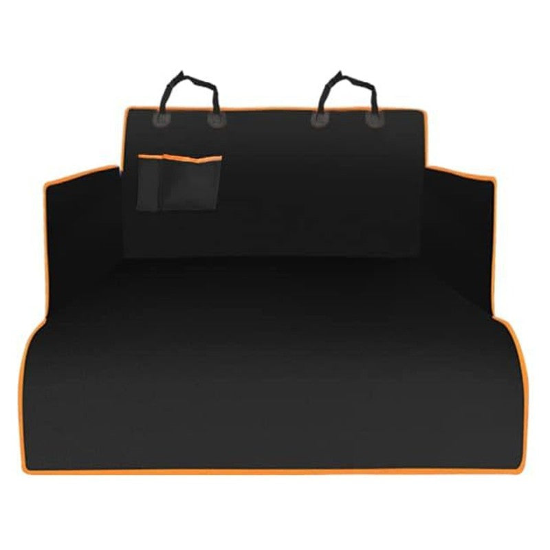 Black quilted boot liner with orange edging laid flat, showing side flaps, bumper flap and headrest straps
