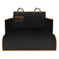 Black quilted boot liner with orange edging laid flat, showing side flaps, bumper flap and headrest straps