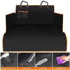 Black quilted boot liner with orange edging, with small inset photos of it being cleaned