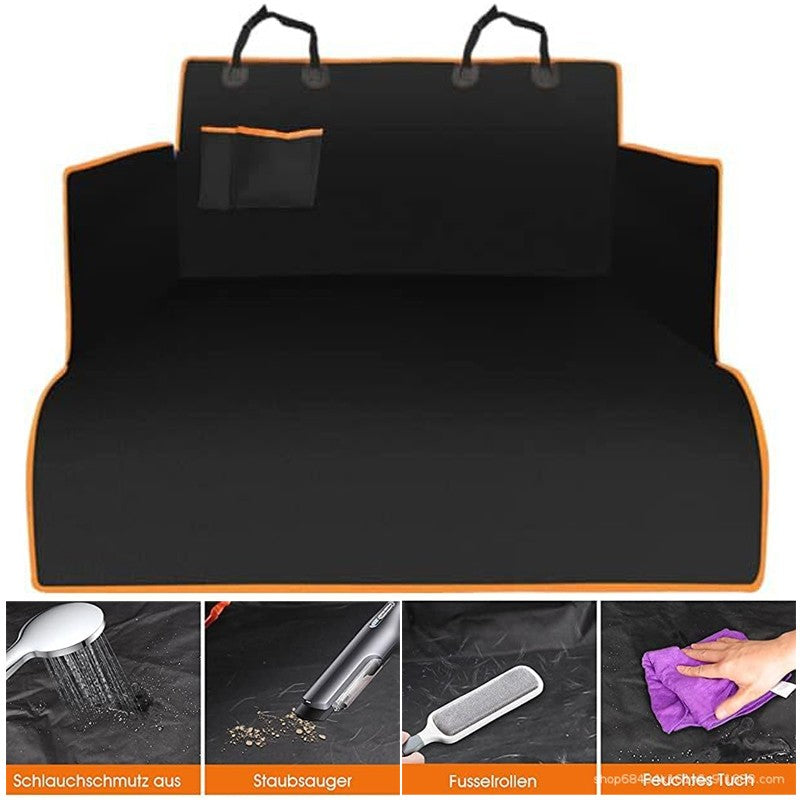 Black quilted boot liner with orange edging, with small inset photos of it being cleaned