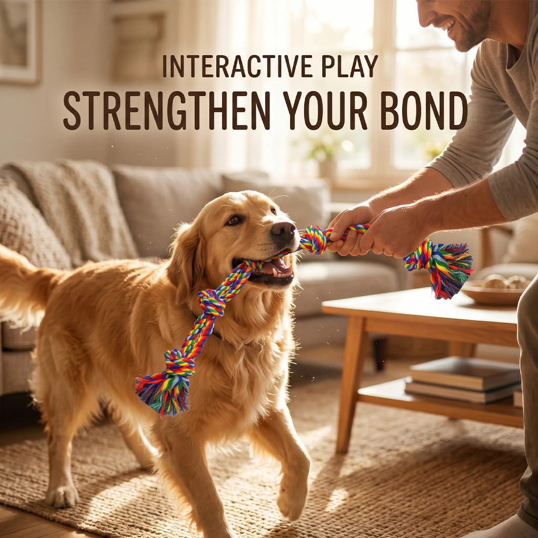 Rainbow rope toy used for tug between a man and a golden retriever in a living room