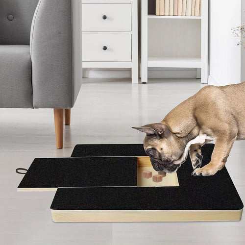 Dog nail scratch board being scratched by a French bulldog in a living room