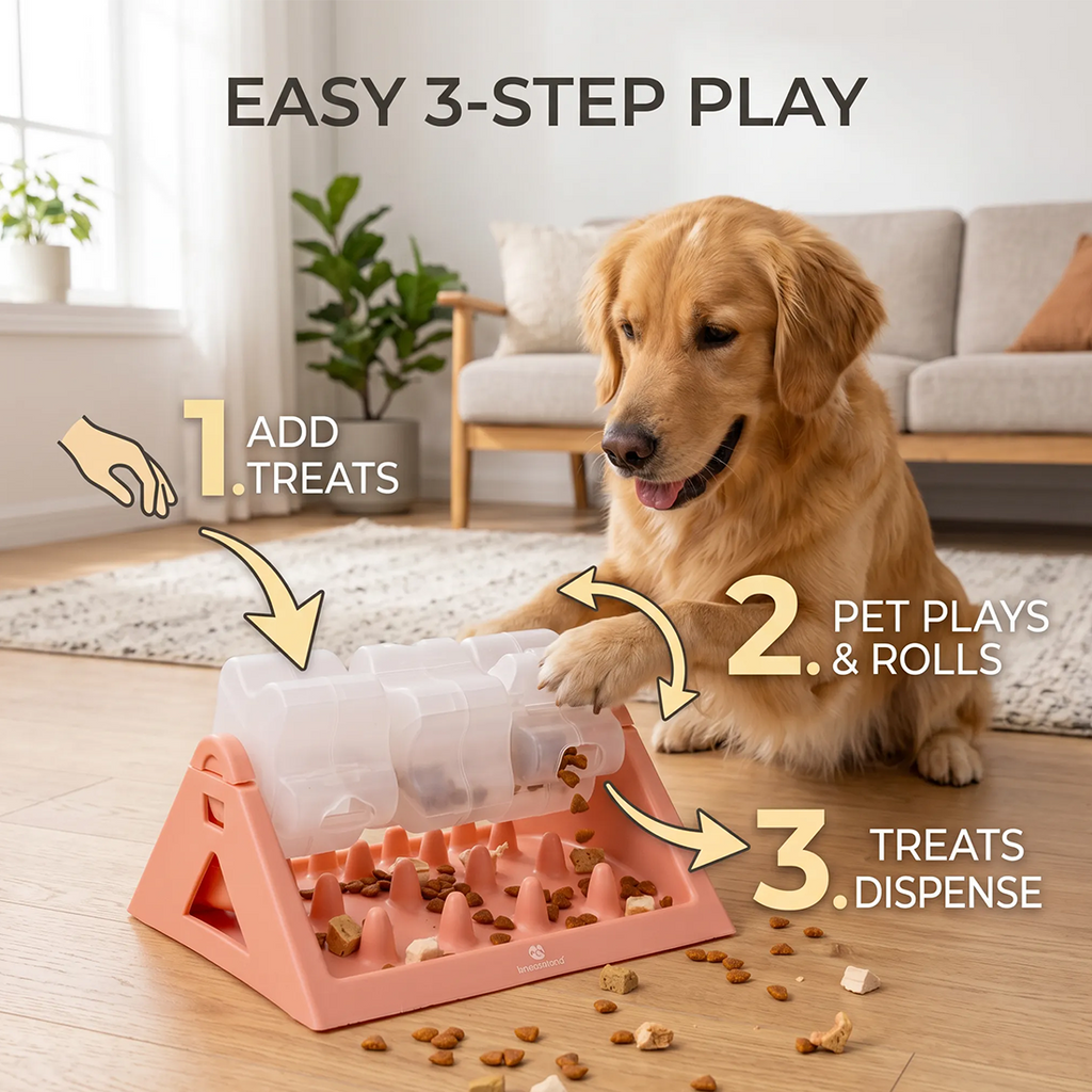 Rotating puzzle slow feeder with a clear roller on a triangular plastic base