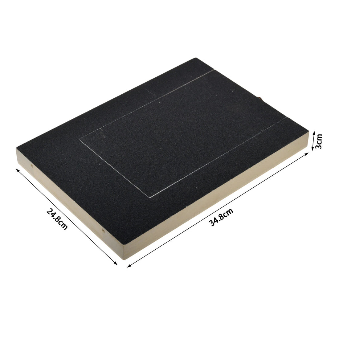 Black dog nail scratch board with a sandpaper top and light wood edge on a plain background