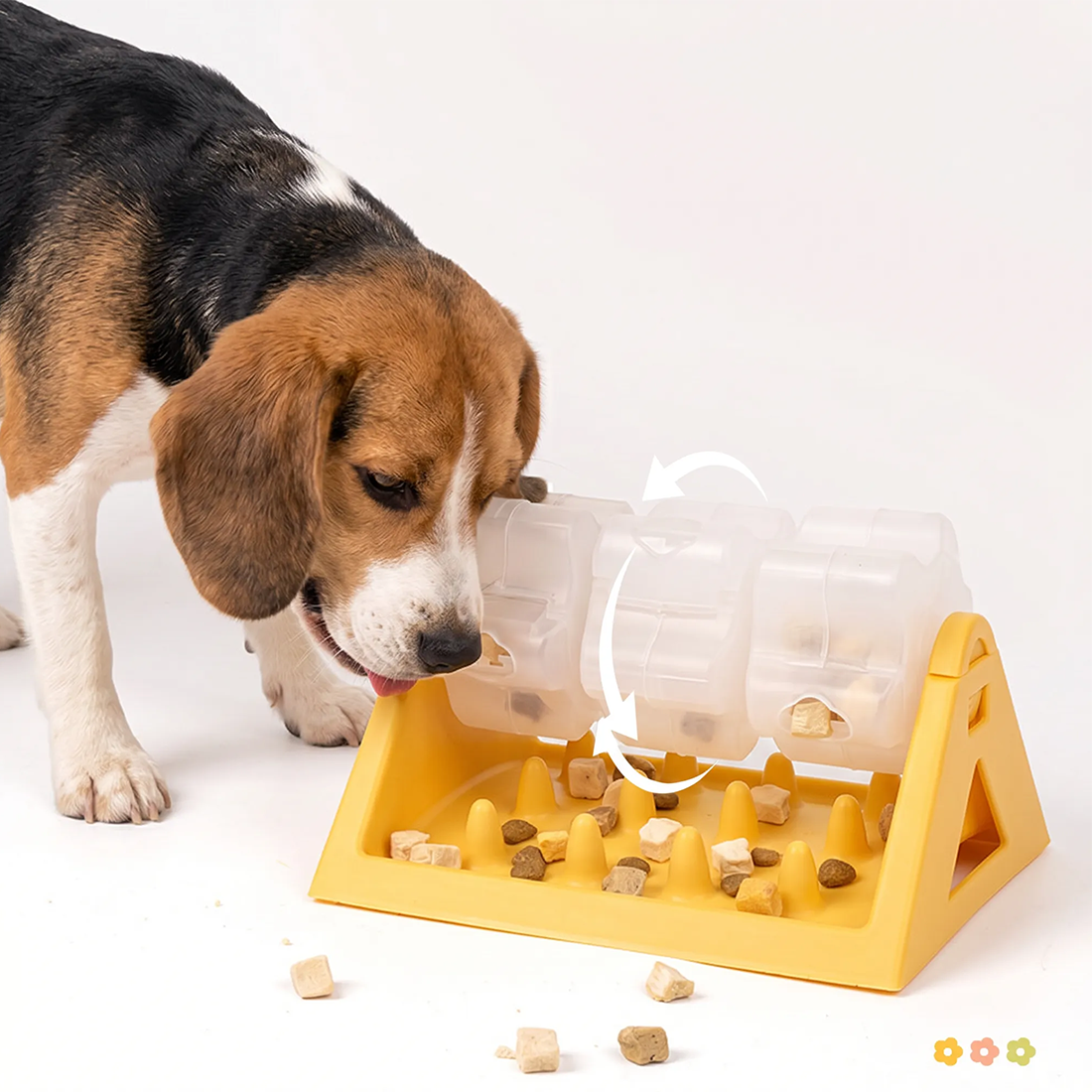 Rotating puzzle slow feeder with a clear roller on a triangular plastic base