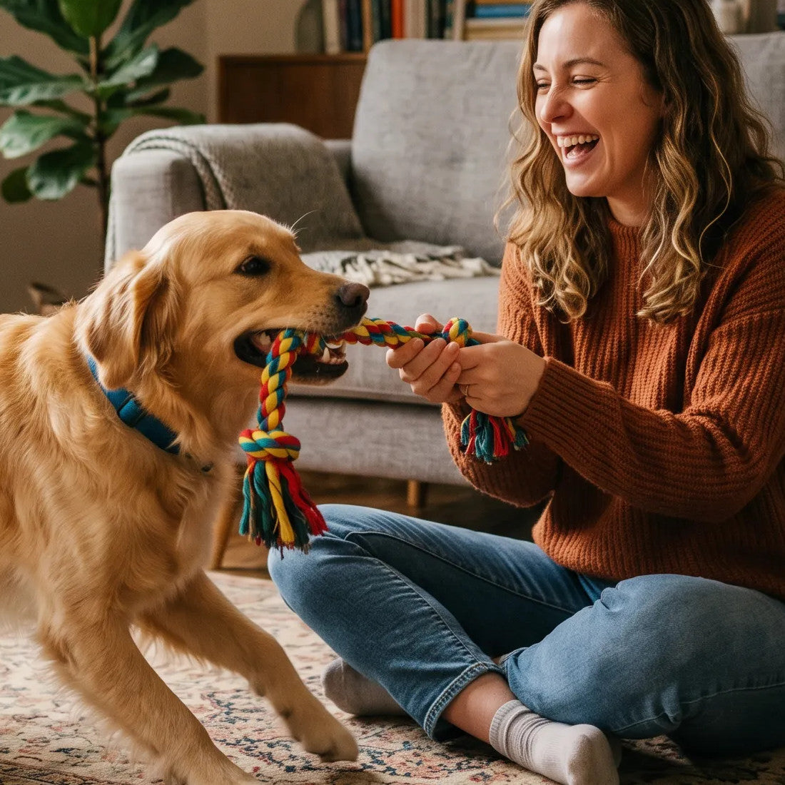 Rainbow rope dog toy used for tug between a laughing woman and a golden retriever on a living room rug