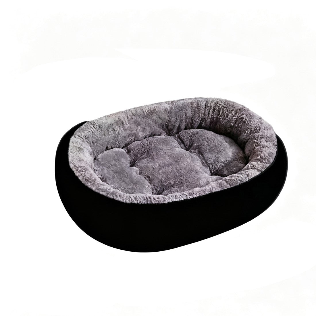 Round black dog bed with grey plush fleece inner, plain product shot on a white background