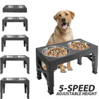Black raised feeding stand with a golden retriever beside it, plus small photos of its five height settings