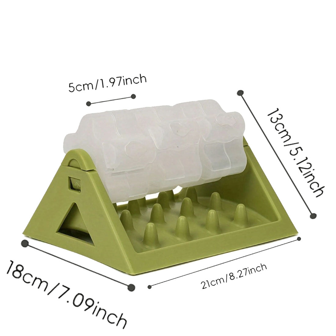 Rotating puzzle slow feeder with a clear roller on a triangular plastic base