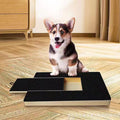 Black dog nail scratch board with a corgi sitting on it on a wooden floor