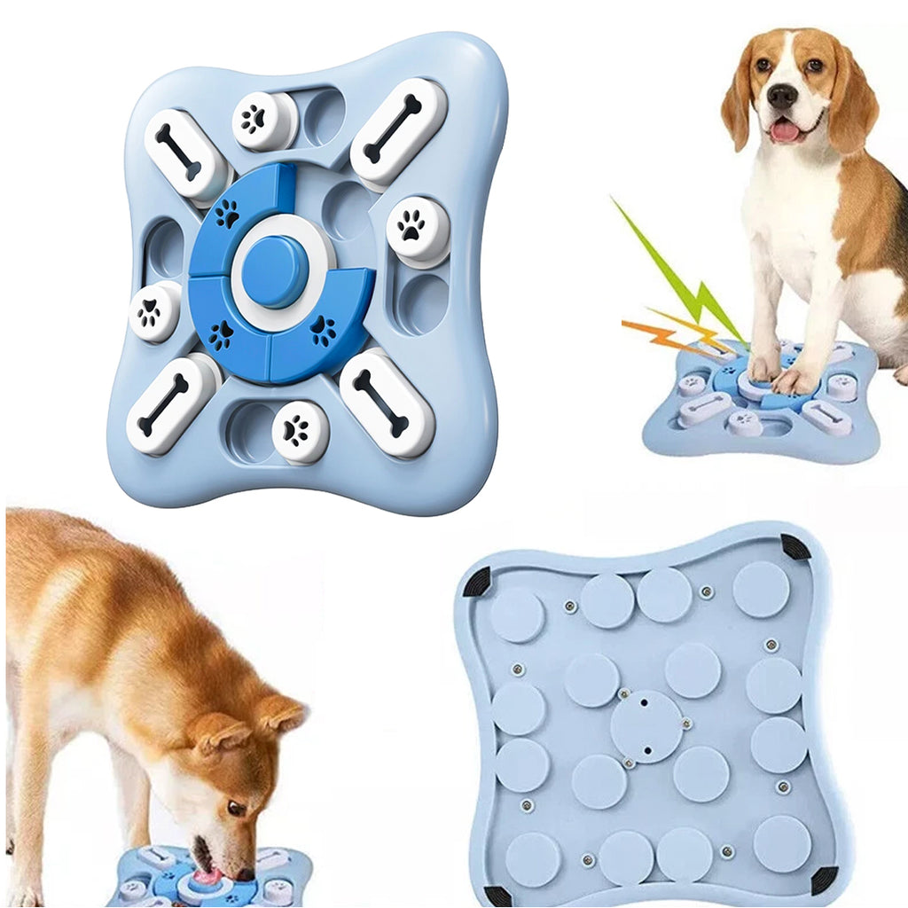 Light blue square dog treat puzzle seen from above and underneath, with a beagle and a light brown dog