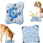 Light blue square dog treat puzzle seen from above and underneath, with a beagle and a light brown dog