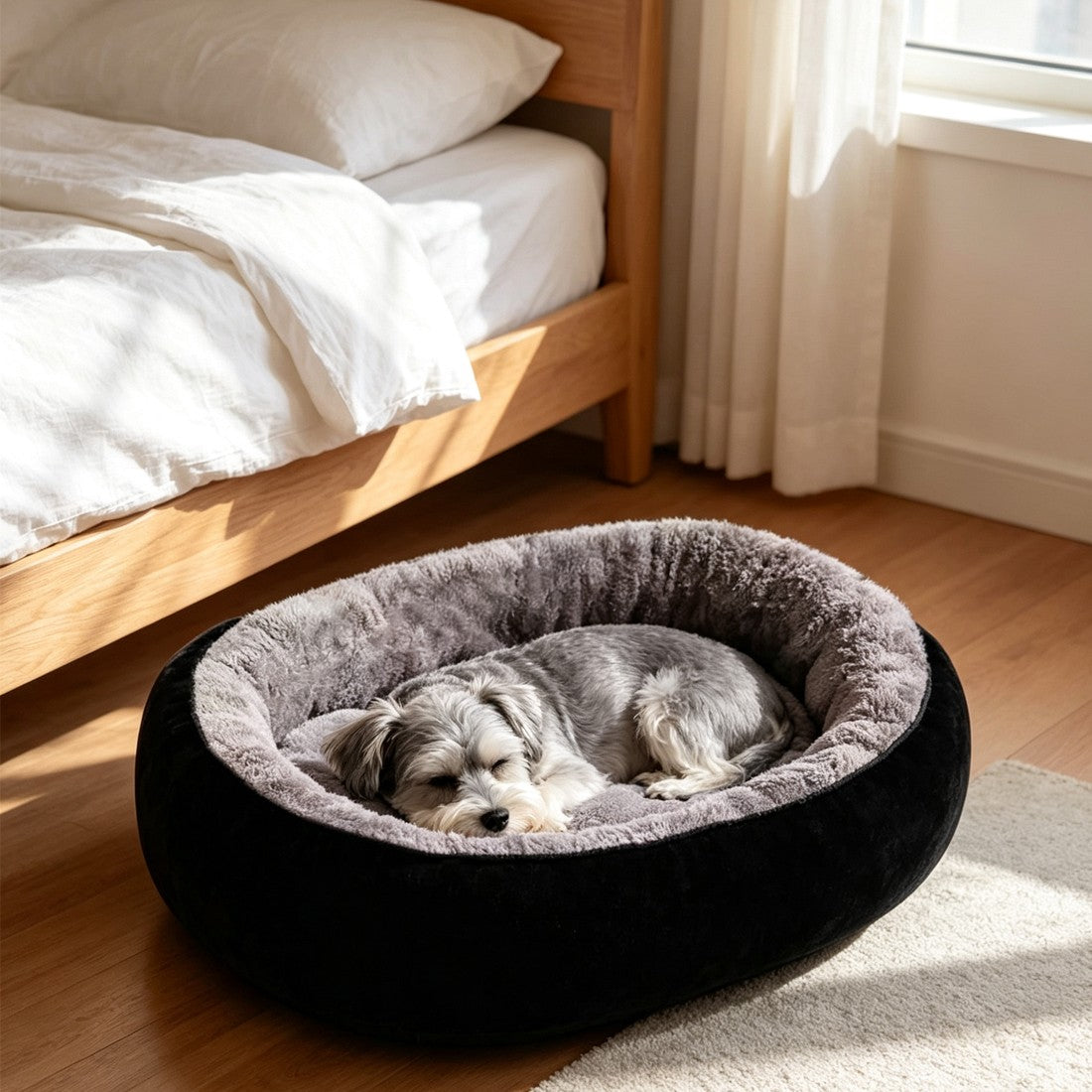 Round black dog bed with grey plush inner on a rug beside a bed, grey and white dog asleep in it