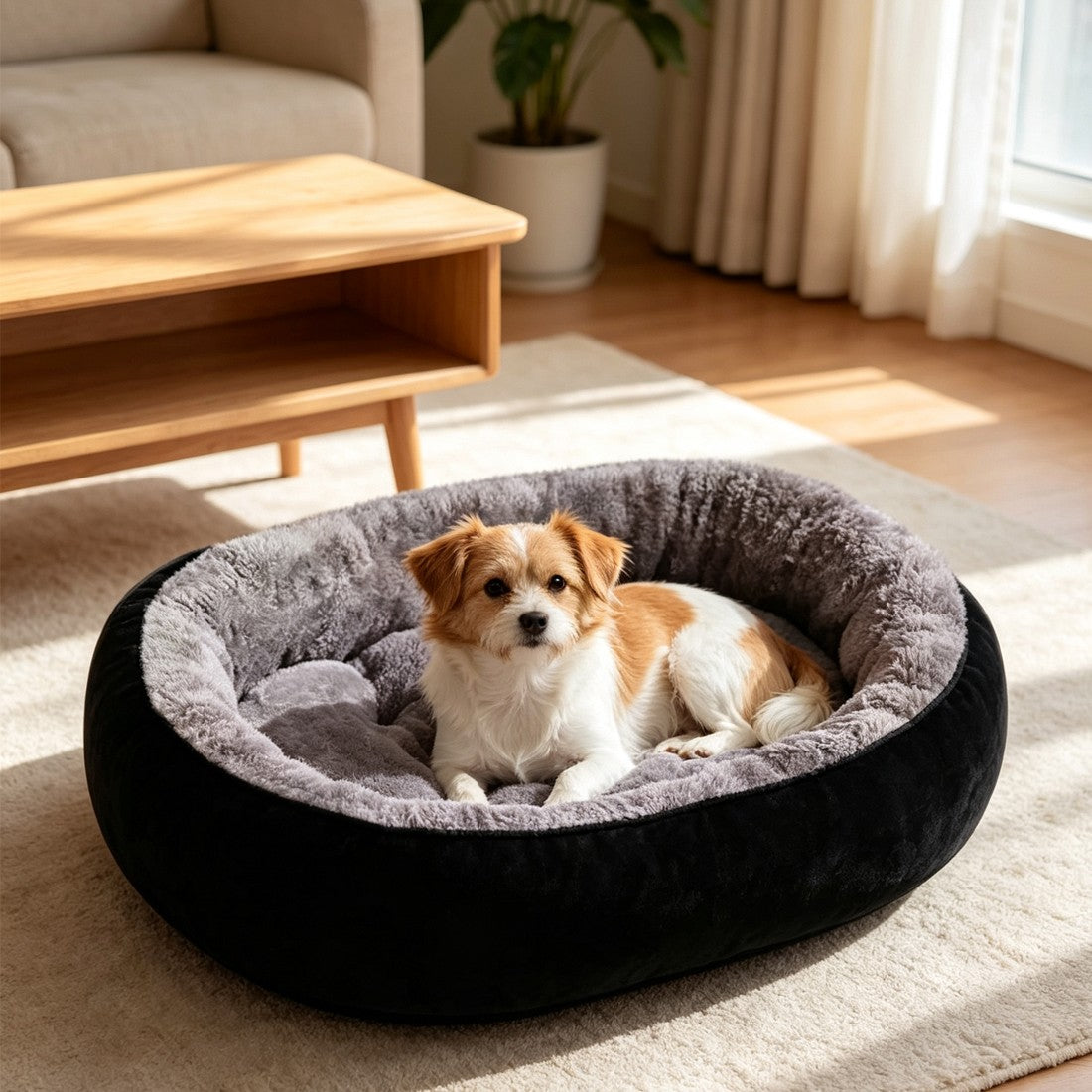 Round black dog bed with grey plush fleece inner, small tan and white dog lying in it in a living room