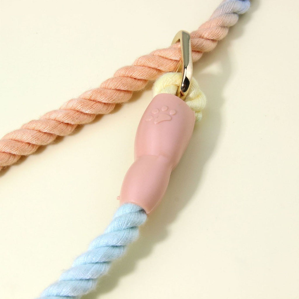 Rope slip lead close-up of the gold-coloured ring and pink rubber sleeve with a paw print
