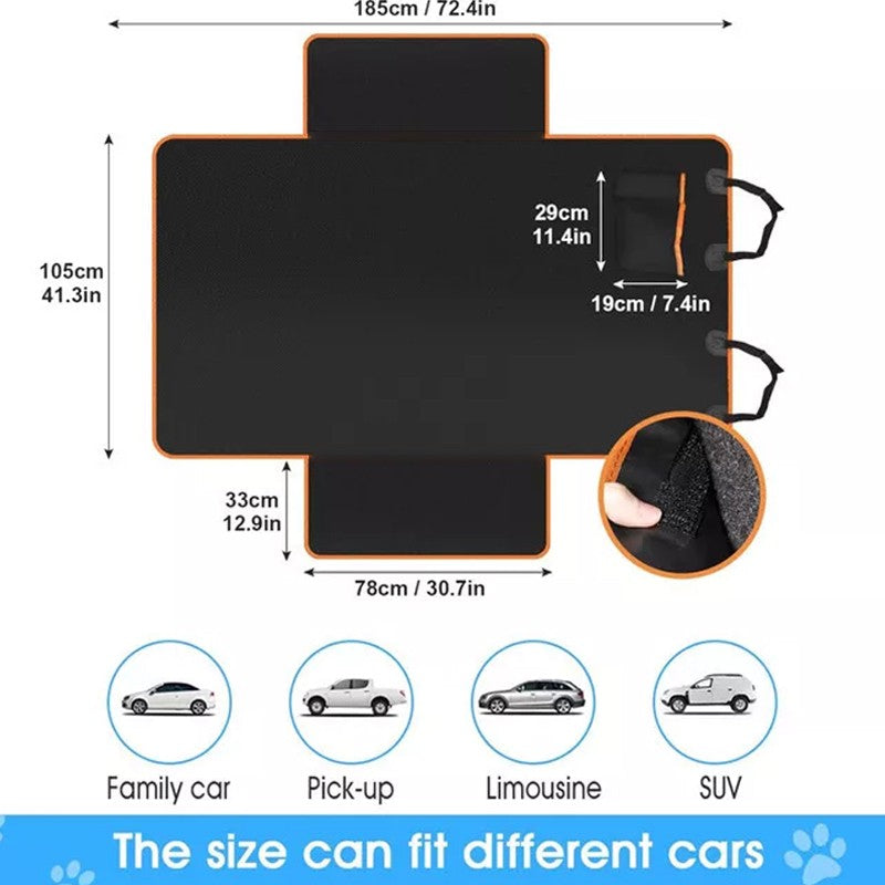 Boot liner flat-lay size diagram in cm and inches, with family car, pick-up, limousine and SUV icons