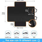 Boot liner flat-lay size diagram in cm and inches, with family car, pick-up, limousine and SUV icons