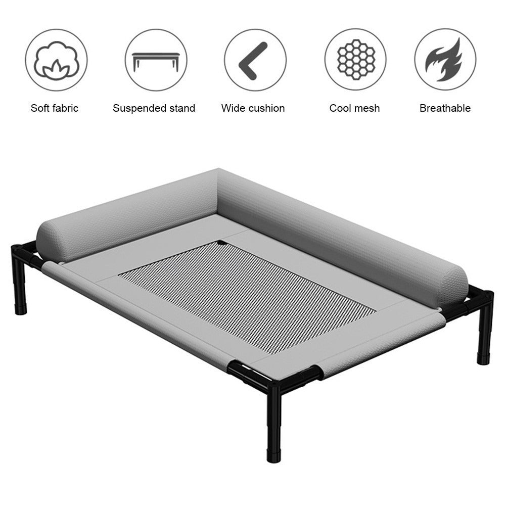 Grey raised dog bed on white with a row of five feature icons above it