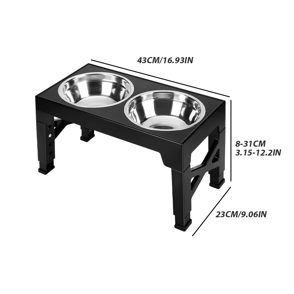 Black raised feeding stand on a plain background, product shot with dimensions
