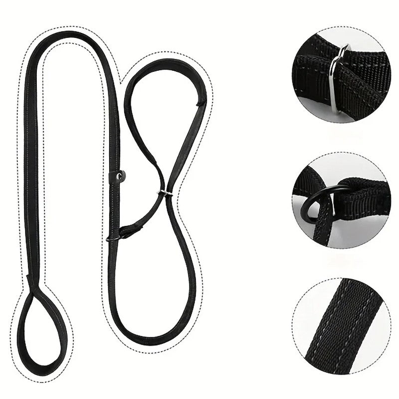 Black lead laid flat on white with close-ups of the metal ring, plastic stopper and edge stitching