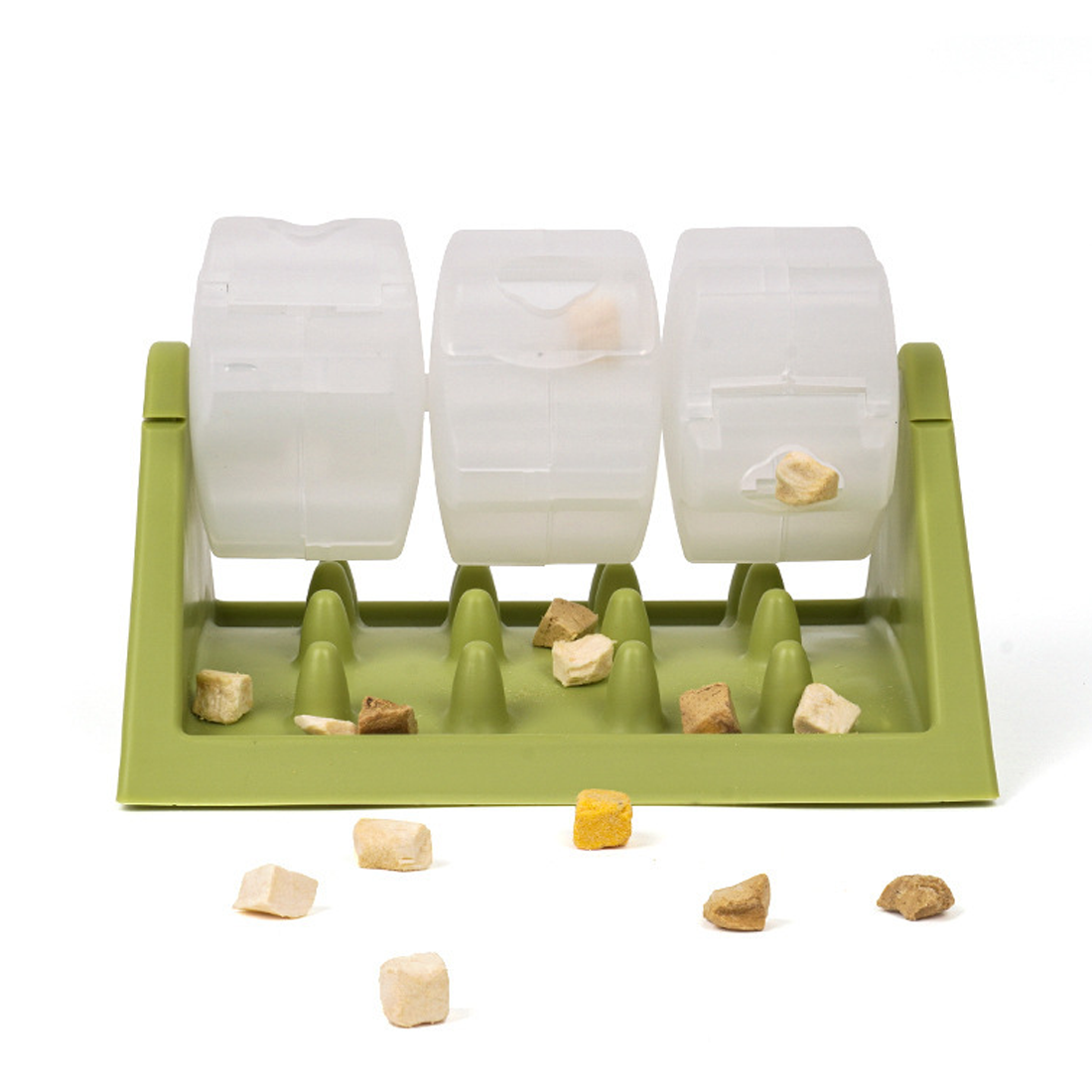 Green rotating puzzle slow feeder with a clear roller on a triangular plastic base