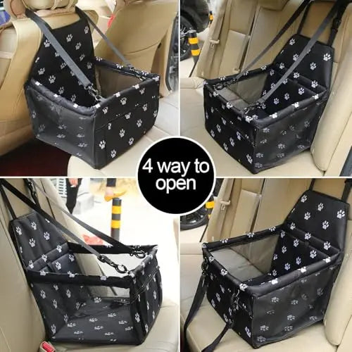 Black dog car booster seat fitted in a car, shown in a photo collage with a text badge