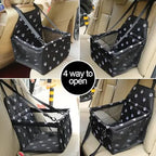 Black dog car booster seat fitted in a car, shown in a photo collage with a text badge
