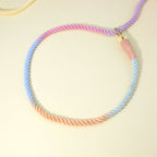 Rope slip lead close-up, rope pulled through its gold-coloured ring into a loop, with a pink rubber stopper