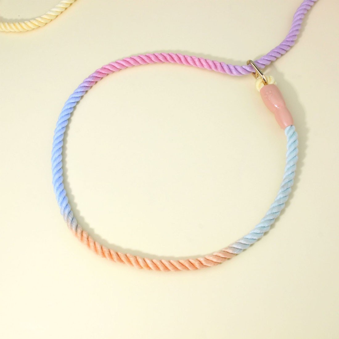 Rope slip lead close-up, rope pulled through its gold-coloured ring into a loop, with a pink rubber stopper
