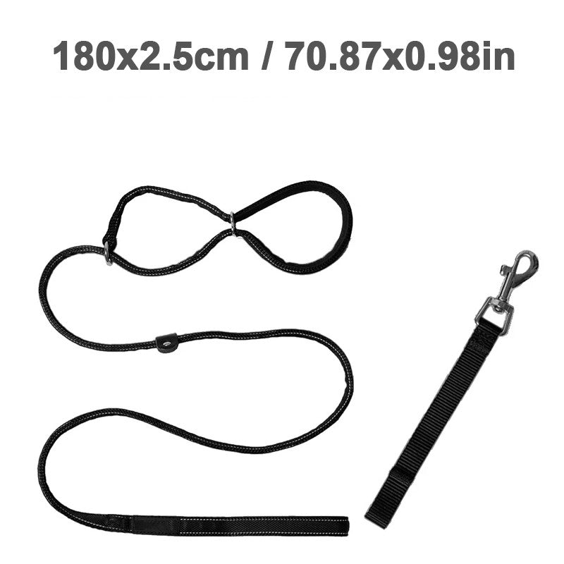 Black figure of 8 lead and a separate short black clip strap laid out on a white background
