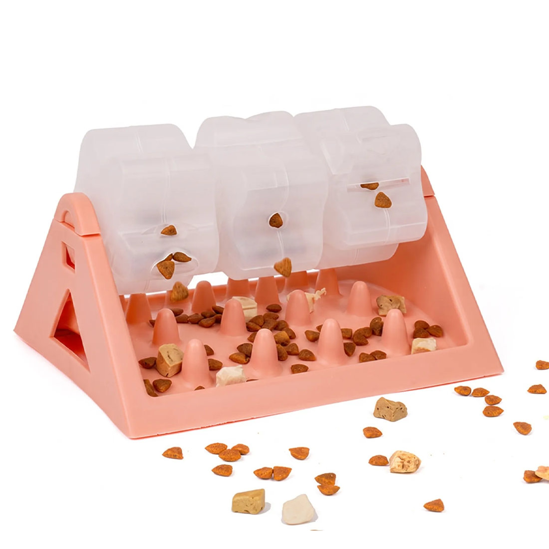 Pink rotating puzzle slow feeder with a clear roller on a triangular plastic base