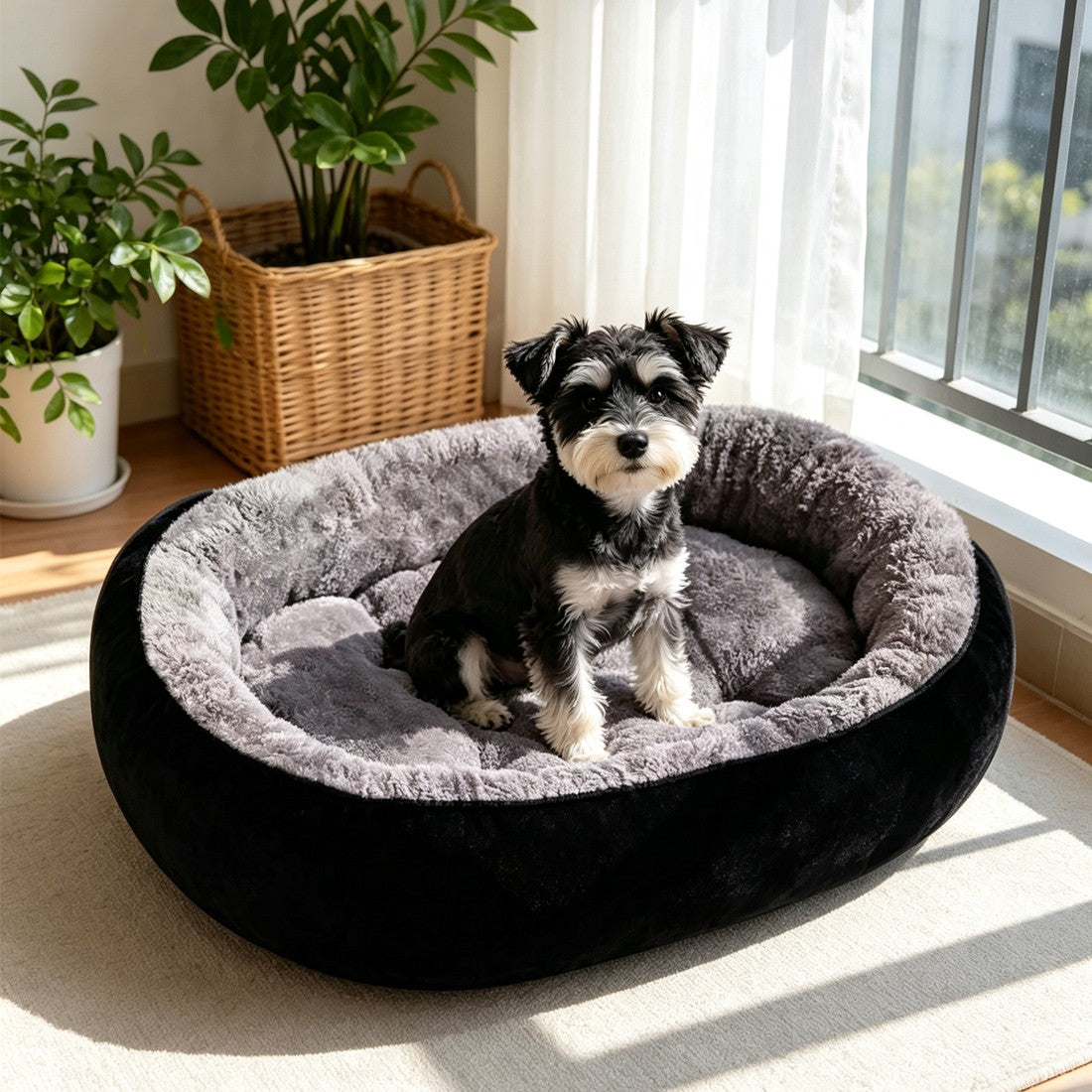 Round black dog bed with grey plush inner by a window, schnauzer sitting in it
