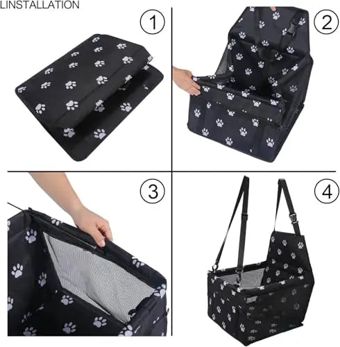 Dog car booster seat shown in four numbered panels, folding flat and then opening out again