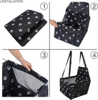 Dog car booster seat shown in four numbered panels, folding flat and then opening out again