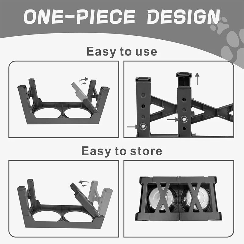 Black one-piece raised feeding stand in a diagram showing it folding flat