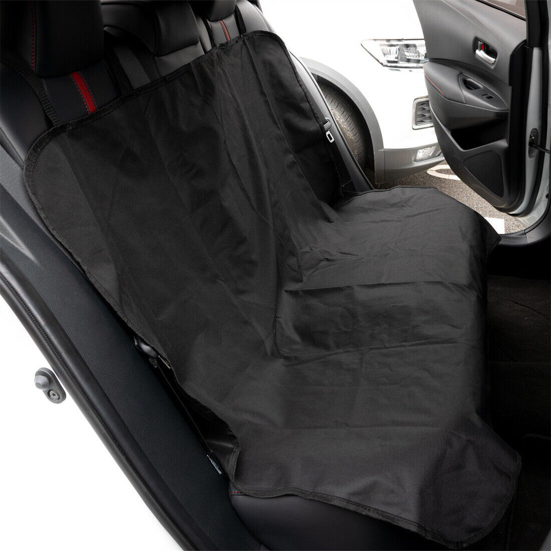 Black waterproof hammock-style back seat cover for dogs, made from Oxford fabric