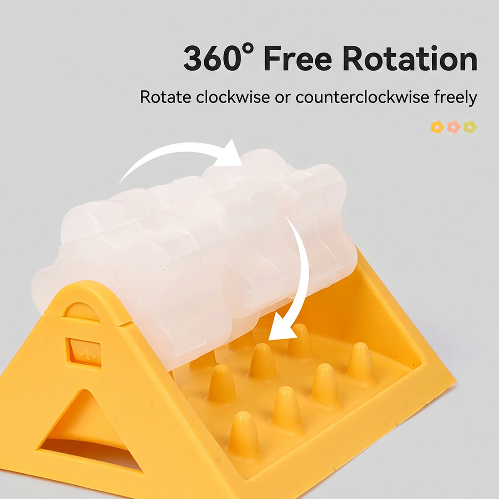 Rotating puzzle slow feeder with a clear roller on a triangular plastic base