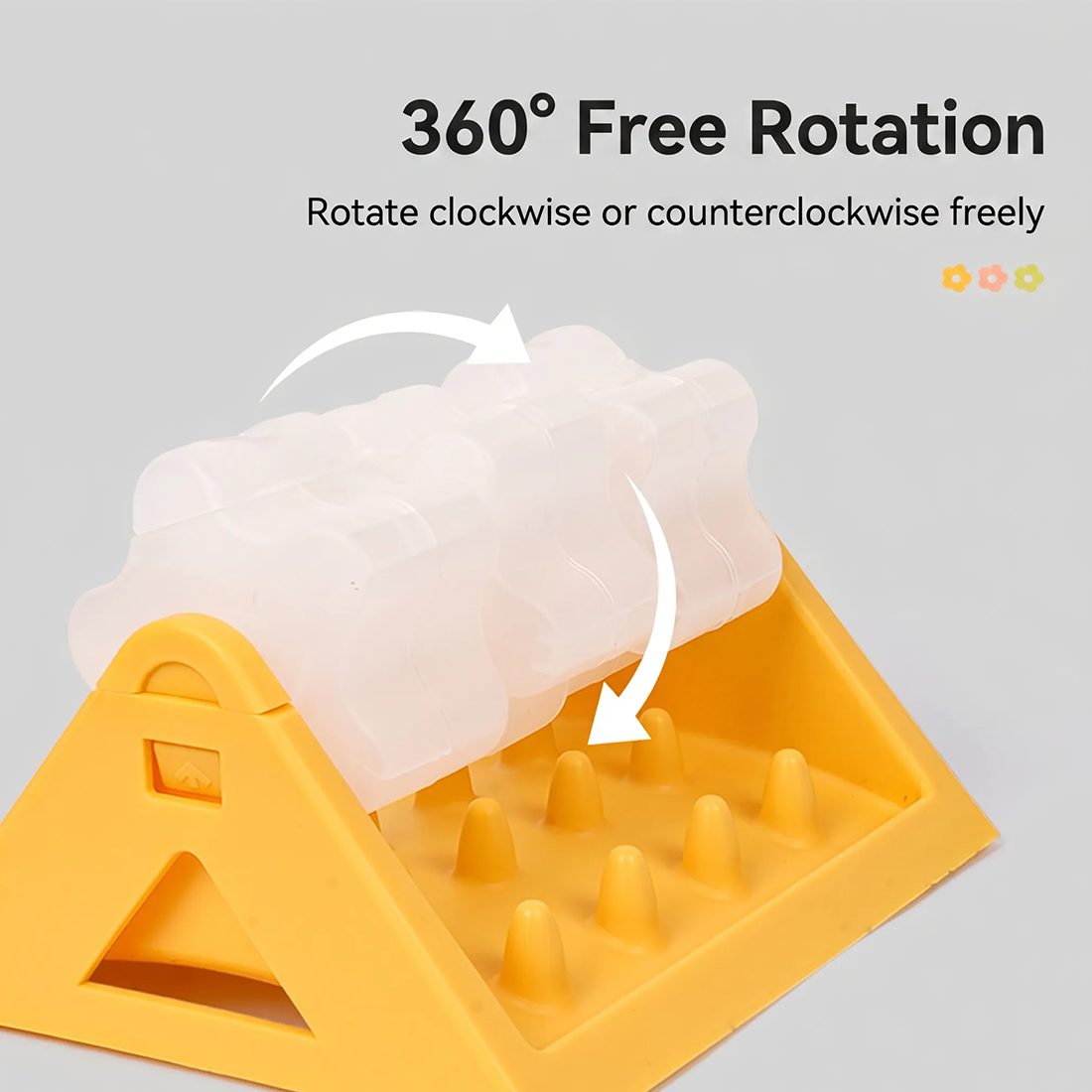 Rotating puzzle slow feeder with a clear roller on a triangular plastic base