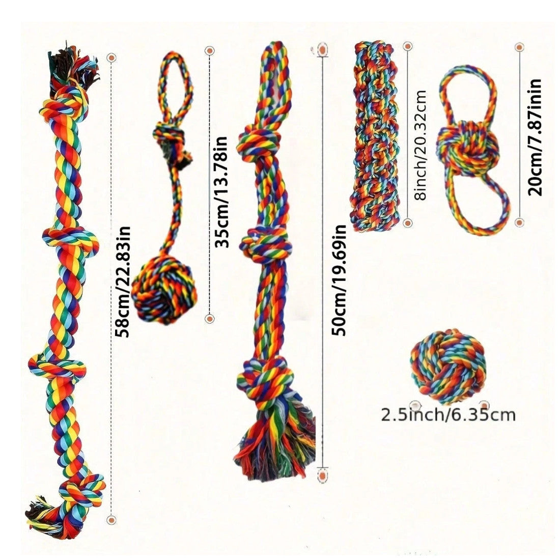 Six rainbow cotton rope dog toys laid out on a white background with their sizes marked