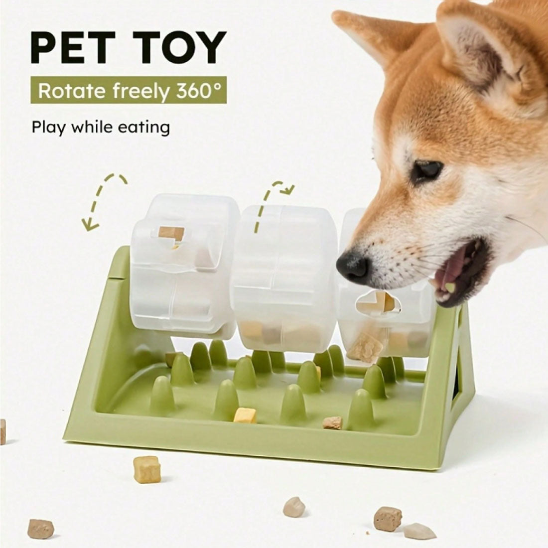 Rotating puzzle slow feeder with a clear roller on a triangular plastic base